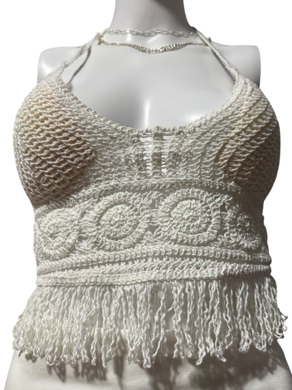 SHEIN Cream Crochet Fringe Halter Cami/Crop Top (One Size)